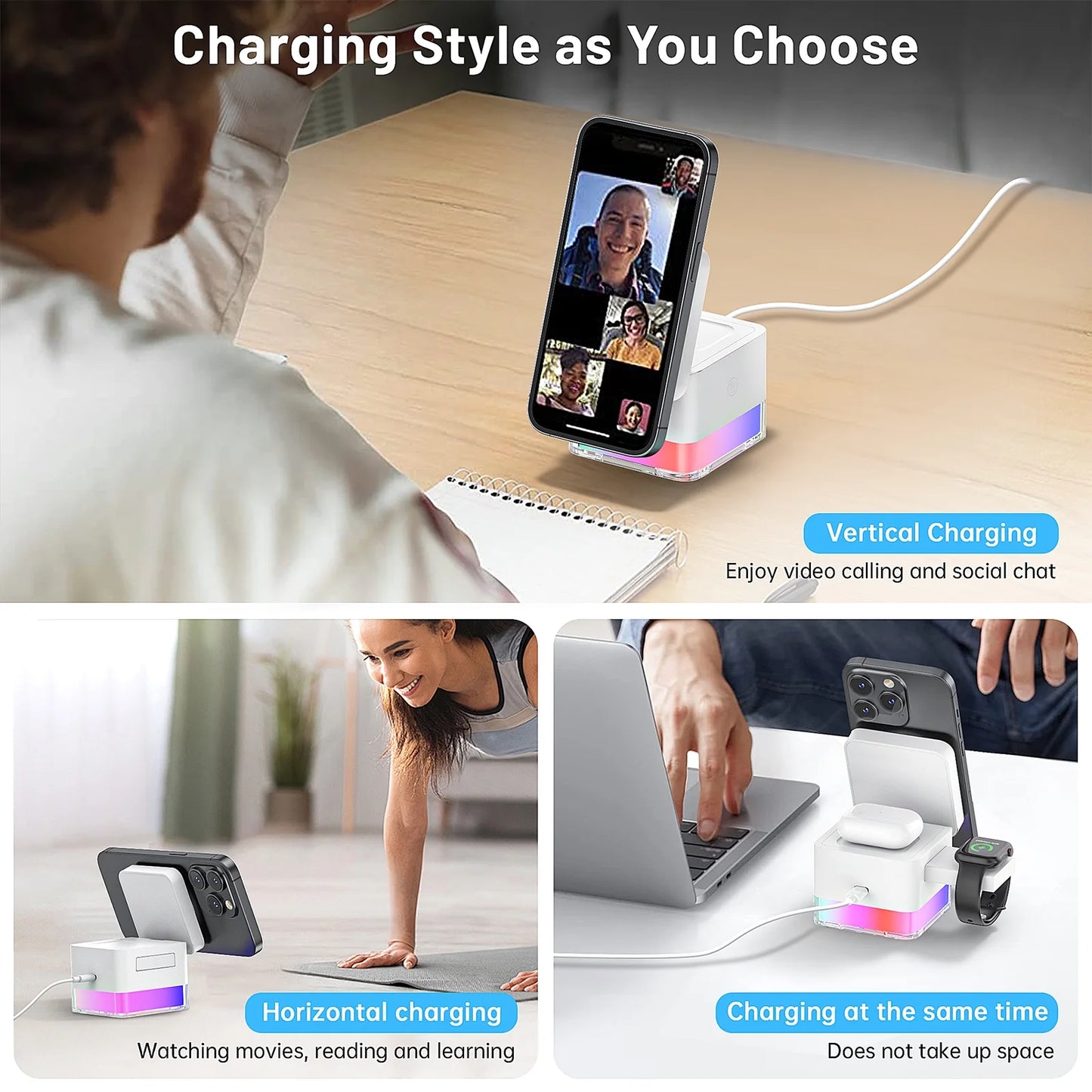 Wireless Charging Station, 3 in 1 Wireless Charger Stand for Multiple Iphone Devices, Wireless Charger for Iphone 16/15/14/13/12/Pro/Pro Max, Iwatch 10/SE/9/8/7/6/5/4/3/2, Airpods 2/3, White