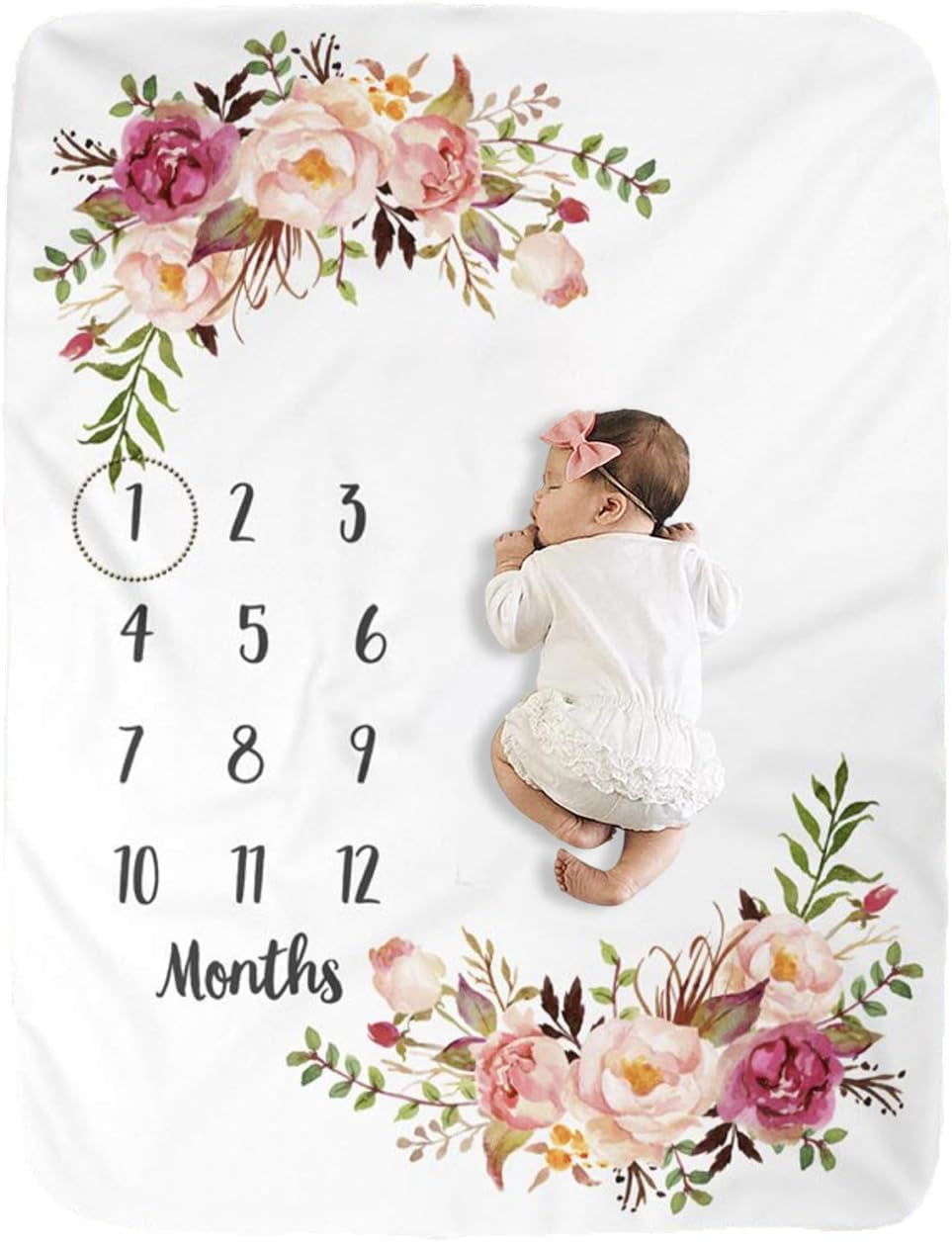 Baby Monthly Milestone Blankets Soft Floral Memory Blankets Girls Boys Cute Photo Background Blankets Newborn Essentials Must Haves White