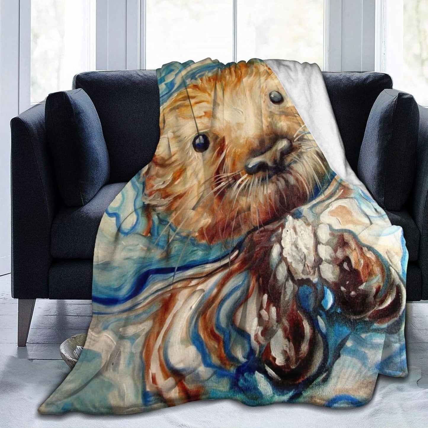 60"X50" Comfort Throw Blankets Ultra Soft and Fluffy Blankets Throw Blankets for Couch and Living Room Fall Winter and Spring - Sea Otter Swim Oil Painting Blankets