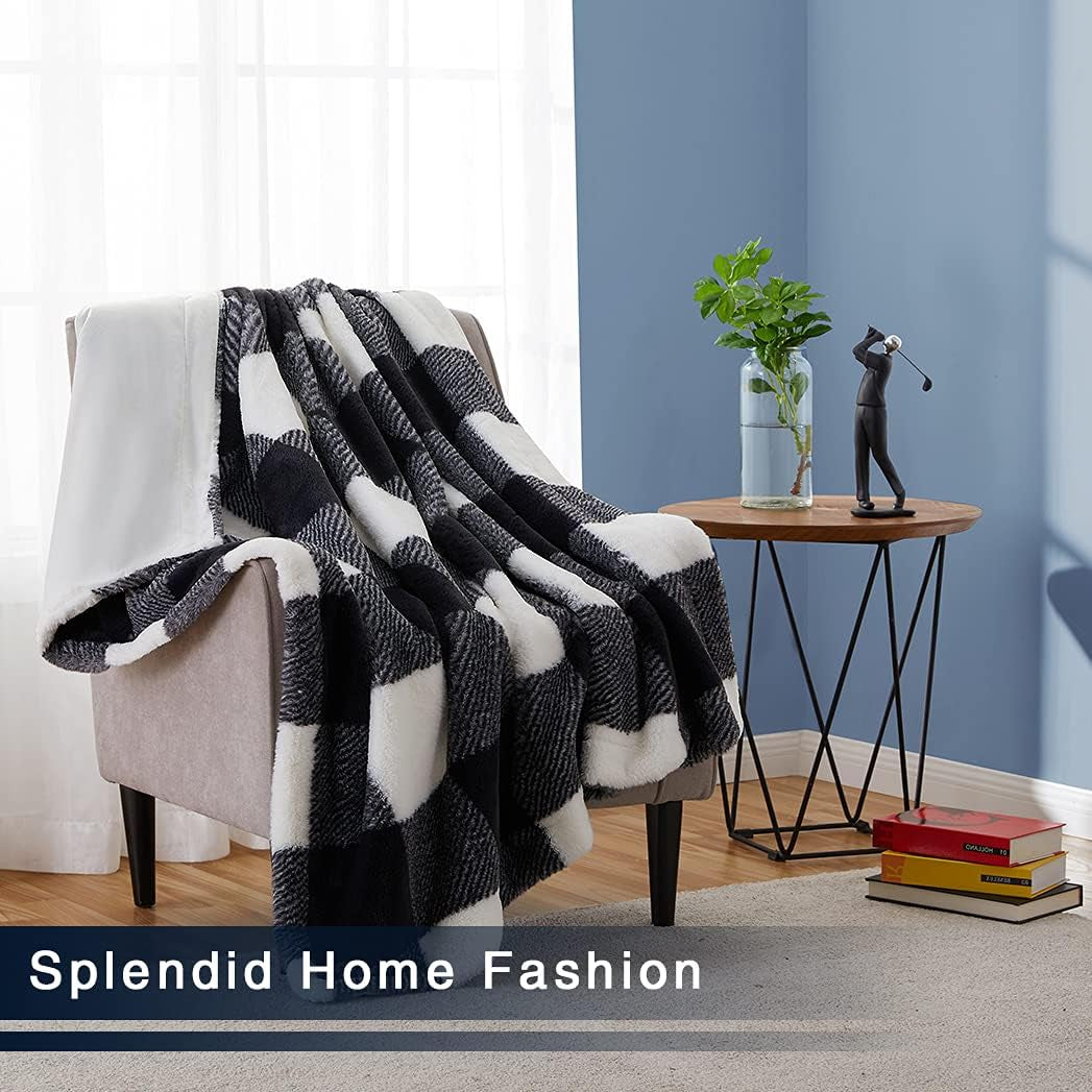 Faux Fur Throw Blankets Soft Fuzzy Warm, Fluffy Throw Blankets Couch Fleece, Throw Blankets Bed Cozy Machine Washable Plush Thick Comfy Buffalo Plaid Checkered Furry Sofa 380Gsm 180Gsm 50X60