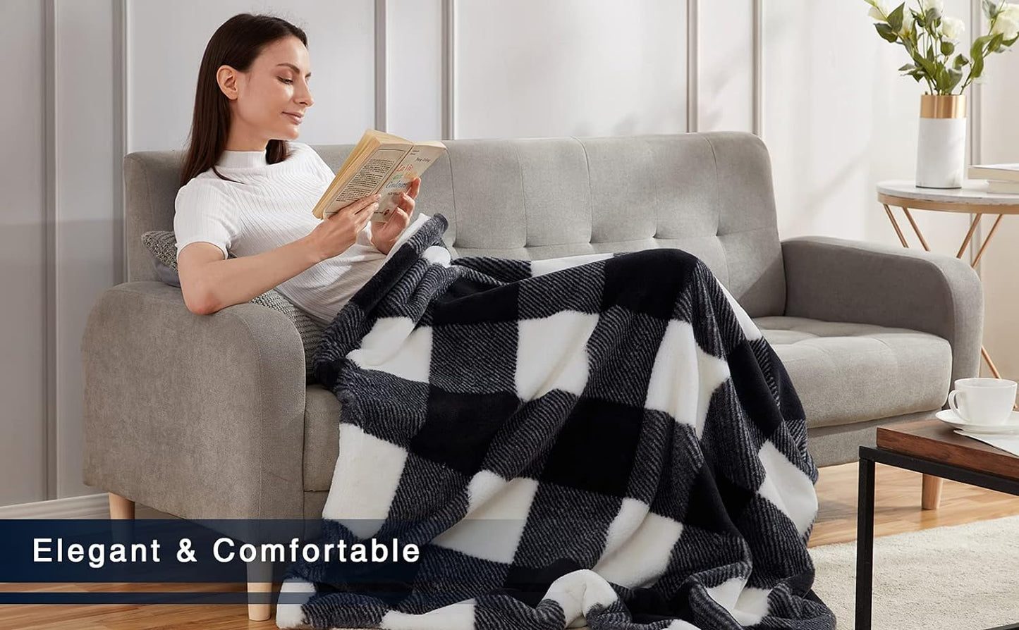 Faux Fur Throw Blankets Soft Fuzzy Warm, Fluffy Throw Blankets Couch Fleece, Throw Blankets Bed Cozy Machine Washable Plush Thick Comfy Buffalo Plaid Checkered Furry Sofa 380Gsm 180Gsm 50X60