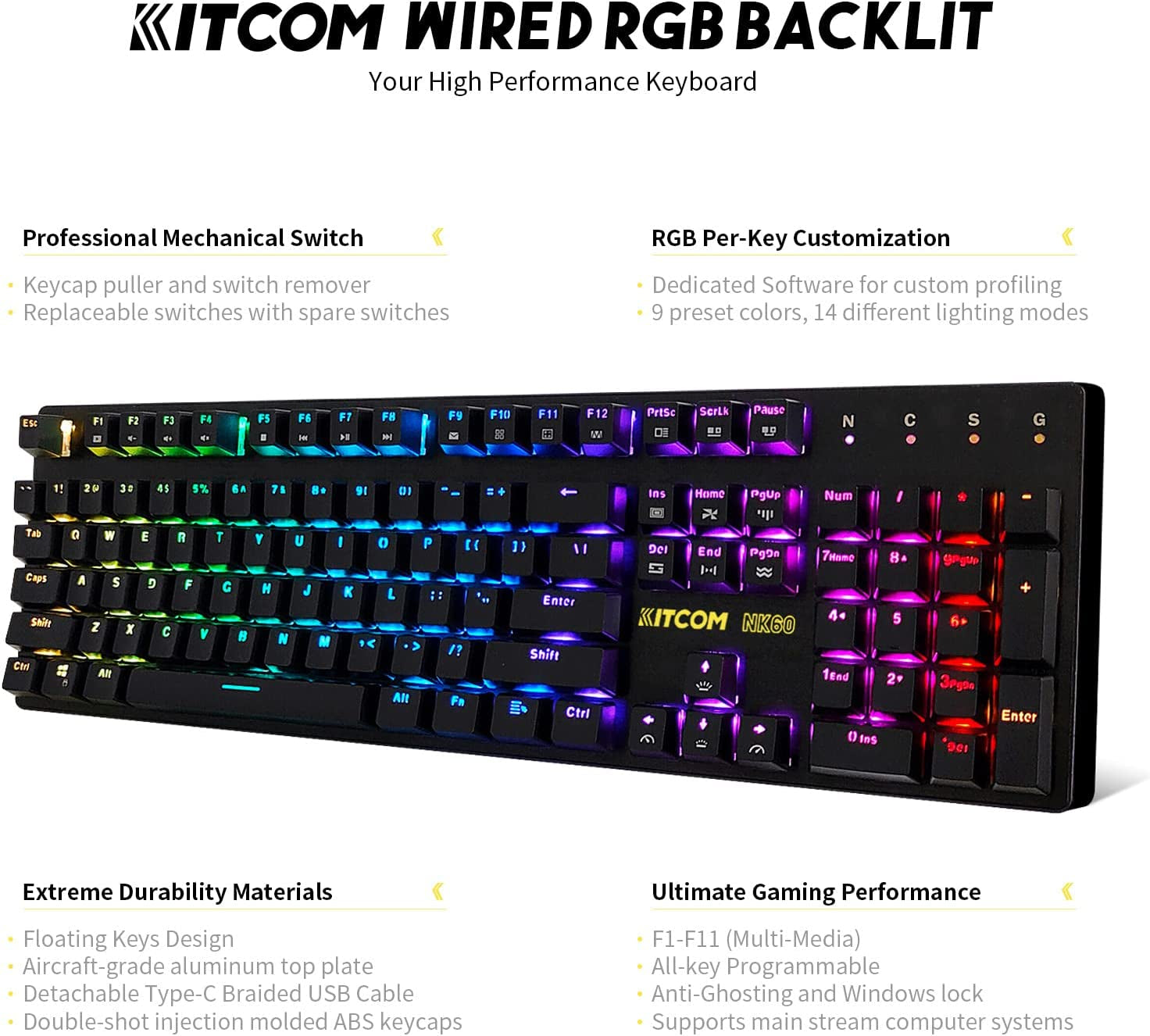 PC Gaming Keyboards RGB Backlit Mechanical Keyboard ABS Keycap Programmable Macro Detachable USB Wired Keyboard for Windows PC (104 Keys Red Switch)