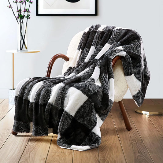 Faux Fur Throw Blankets Soft Fuzzy Warm, Fluffy Throw Blankets Couch Fleece, Throw Blankets Bed Cozy Machine Washable Plush Thick Comfy Buffalo Plaid Checkered Furry Sofa 380Gsm 180Gsm 50X60