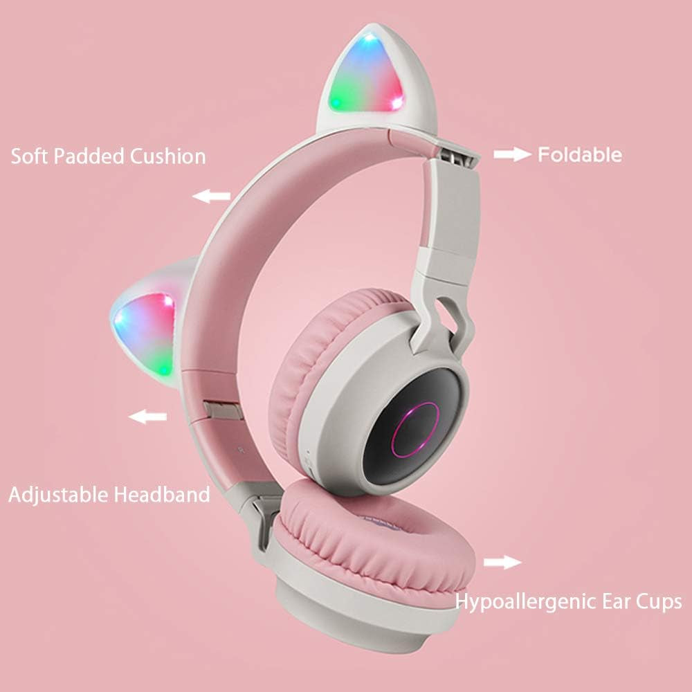 Wireless Bluetooth Kids Headphones, Cat Ears Bluetooth over Ear Headphones Volume Limiting,Led Lights, FM Radio, TF Card, Aux, Mic for Iphone/Ipad/Kindle/Laptop/Pc/Tv (Grey)