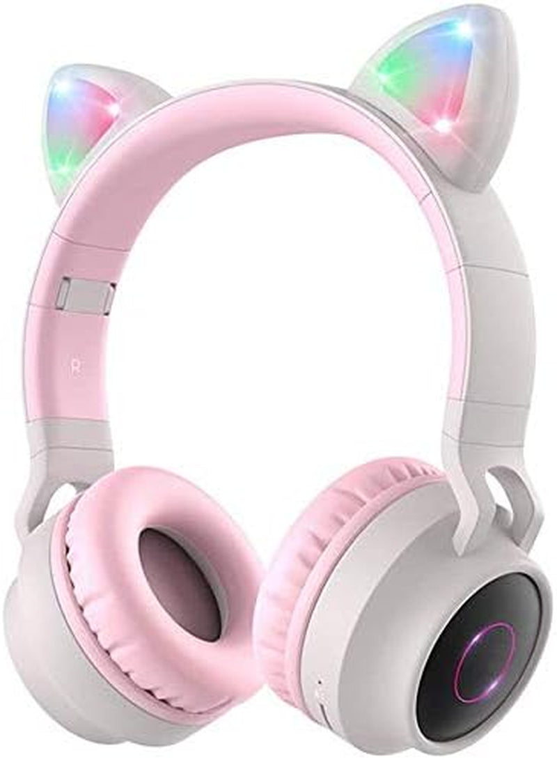 Wireless Bluetooth Kids Headphones, Cat Ears Bluetooth over Ear Headphones Volume Limiting,Led Lights, FM Radio, TF Card, Aux, Mic for Iphone/Ipad/Kindle/Laptop/Pc/Tv (Grey)